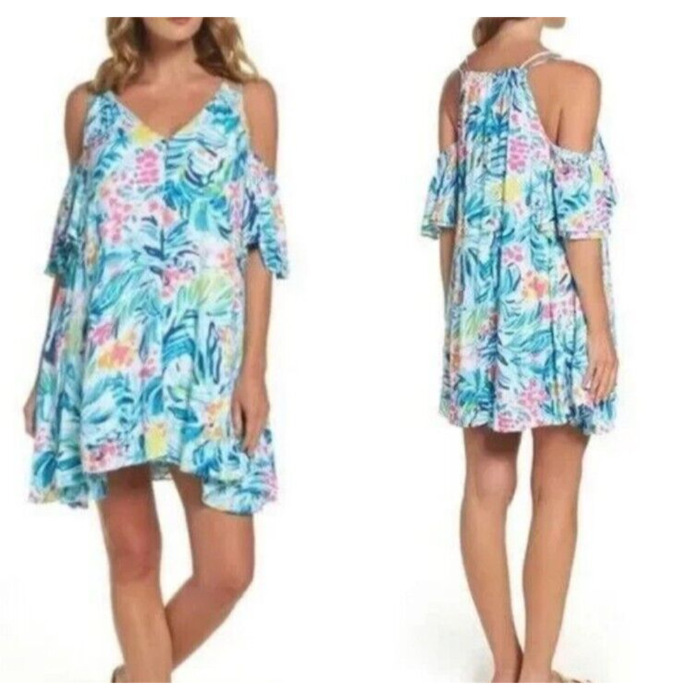 Lilly Pulitzer Bellamie Womens Dress Serene Blue‎ Tippy Top Floral Layered Mini